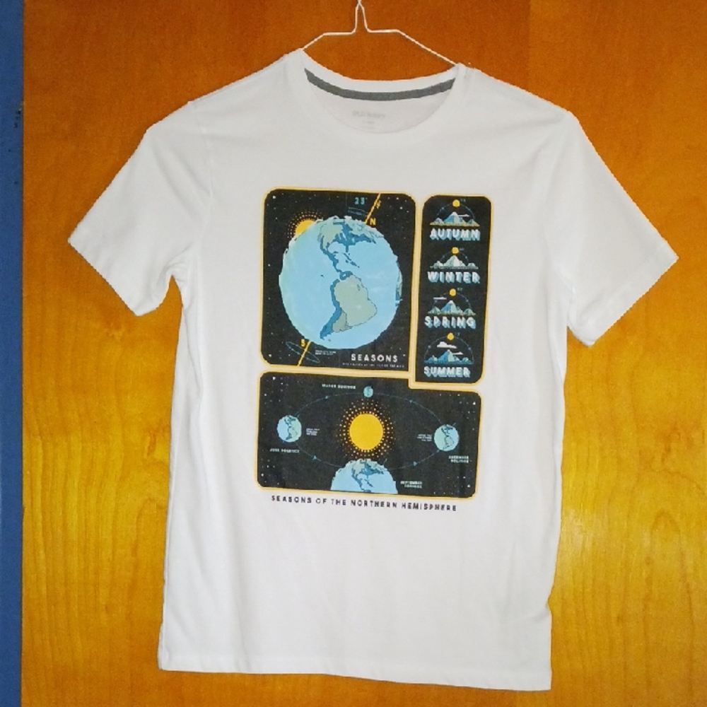 White Graphic T-Shirt with Earth and Seasons Design